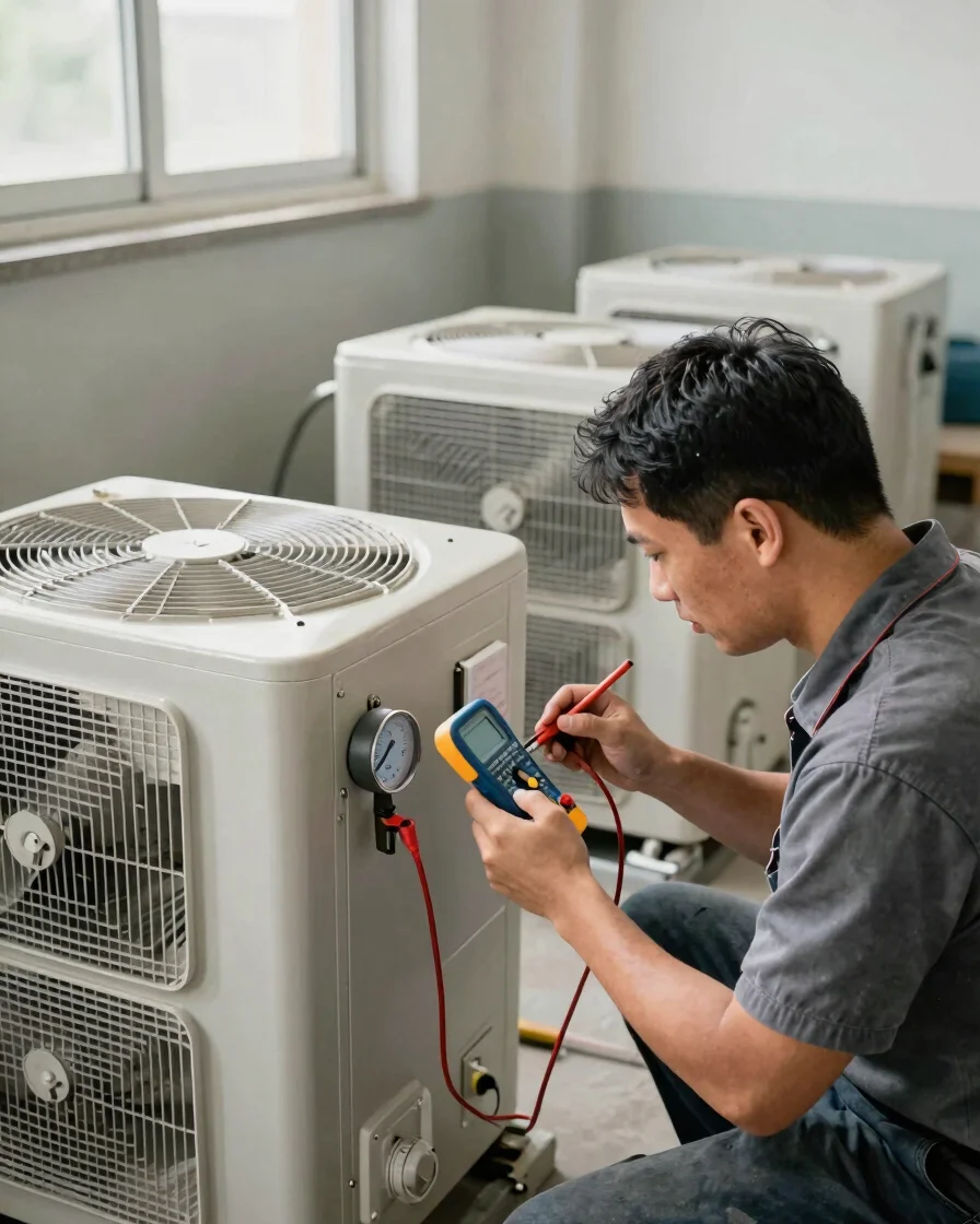 Documentary photograph of a technician inspecting an HVAC unit with a multimeter and gauges, clean natural daylight, res