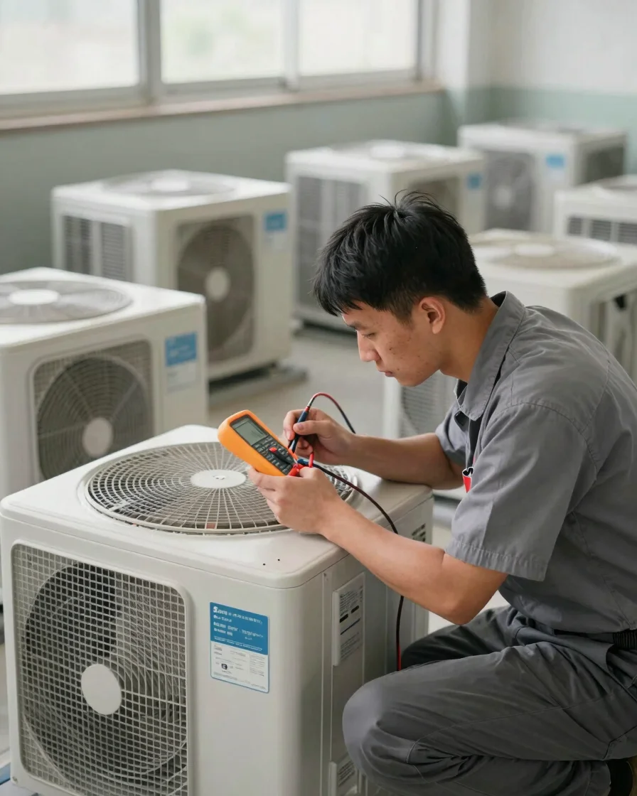 Technician inspecting an HVAC unit with a multimeter in clean day