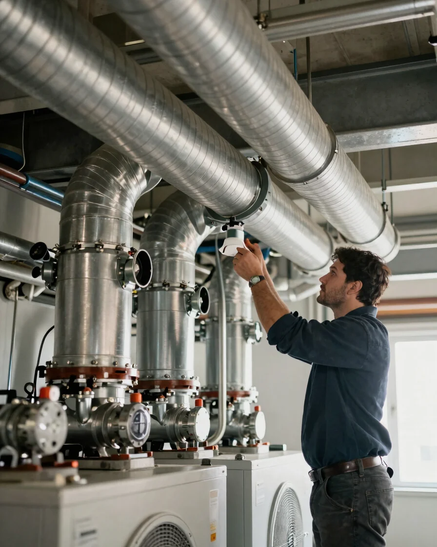 Close detail of ductwork and mechanical components being inspected in a commercial equipment room, clean natural work li